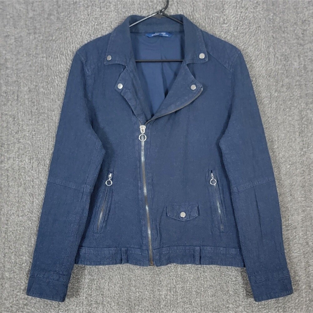 Zara Man Bomber Jacket Mens S* Blue Full Zip Linen Blend Biker Moto Zip Pockets